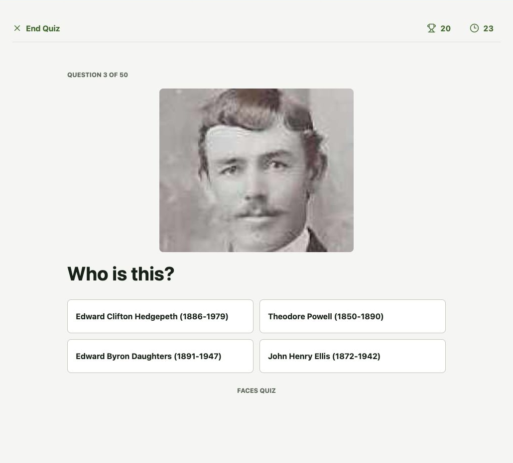 A personalized Memories Book Faces Quiz asking the player to identify an ancestor from four names
